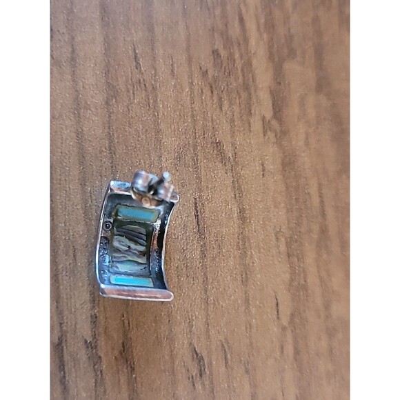 Vintage Sterling Silver Earrings Hoop Pierced Turquoise Abalone Inlay - Picture 12 of 12